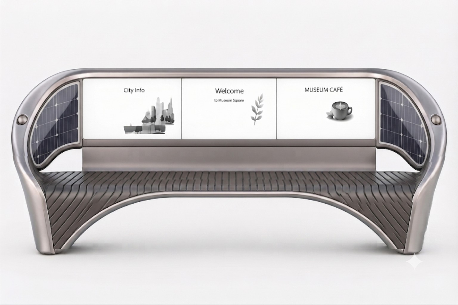 BenchPad concept render: a curved metal bench with three display panels in the backrest and solar panels in the armrests