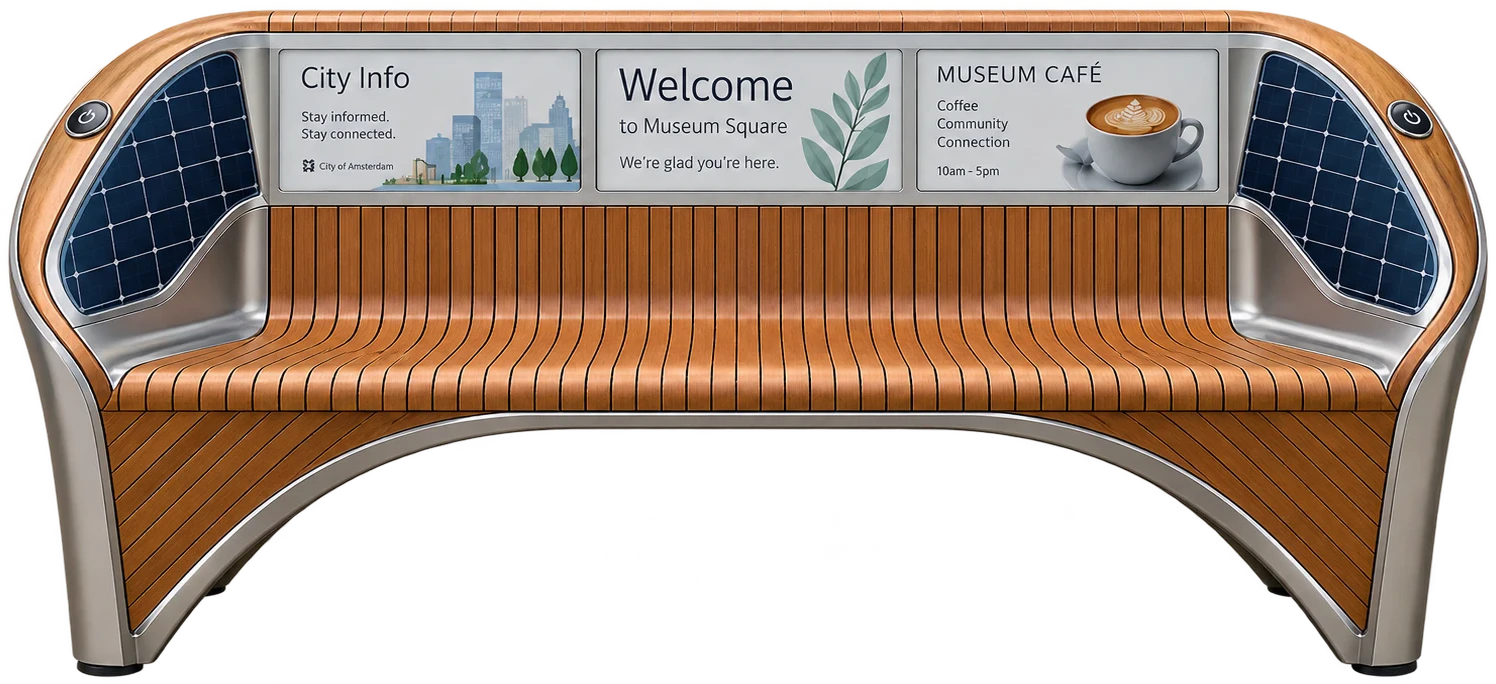 BenchPad concept render: a curved bench with wooden slats, three display panels in the backrest and built-in solar panels