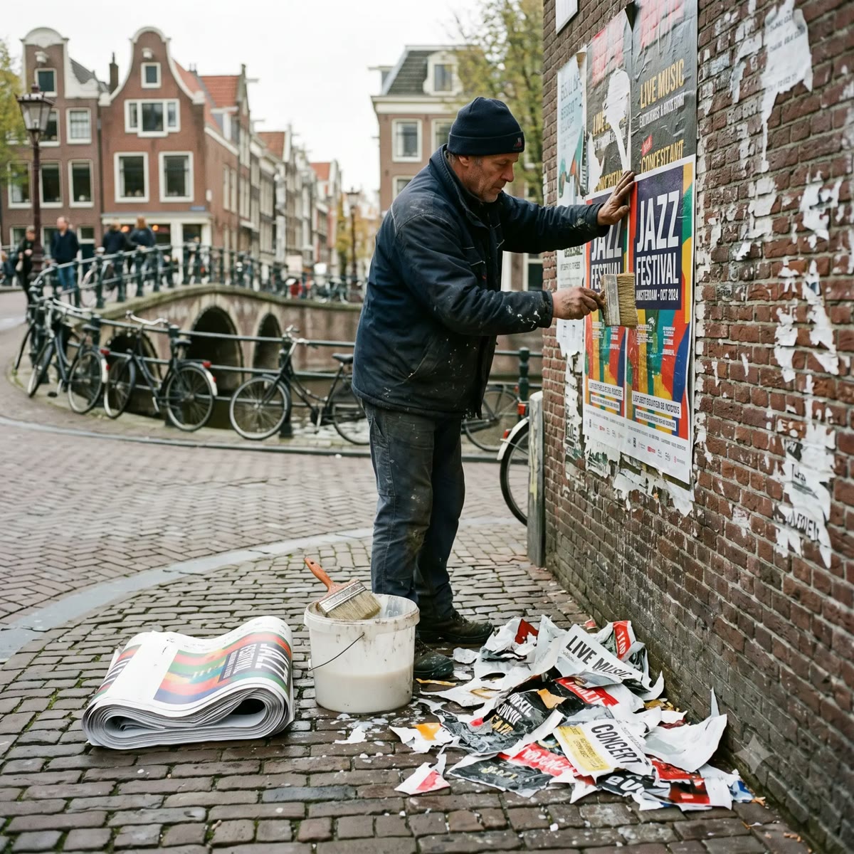 A man pasting posters on a brick wall by an Amsterdam canal, torn posters at his feet